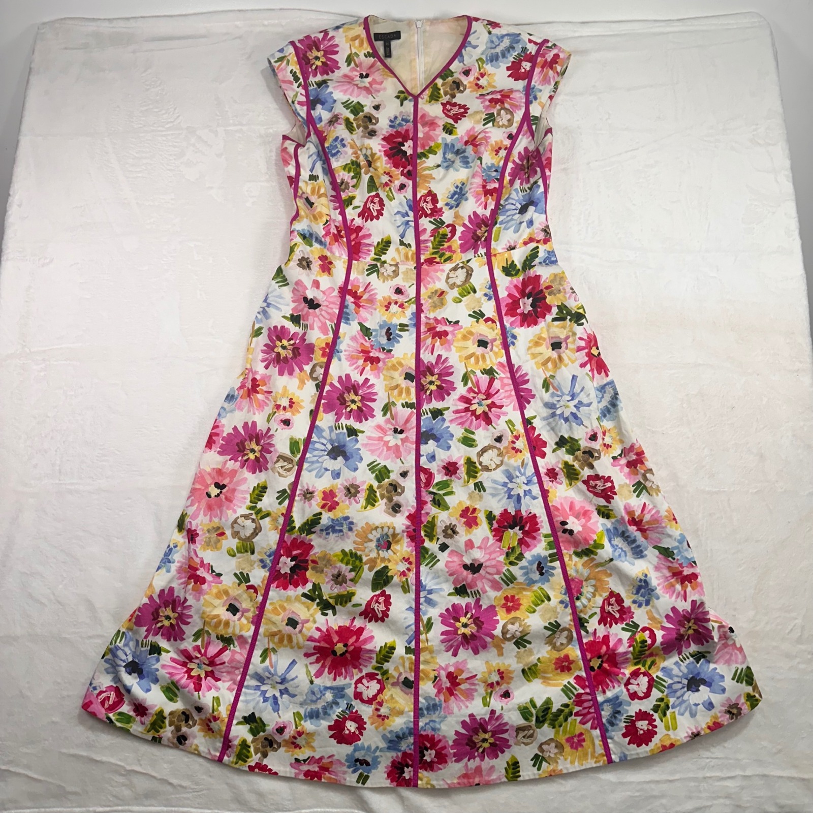 Escada Deressa Floral Cap Sleeve Fit Flare Dress 40 Pastel Red Grosgrain Womens